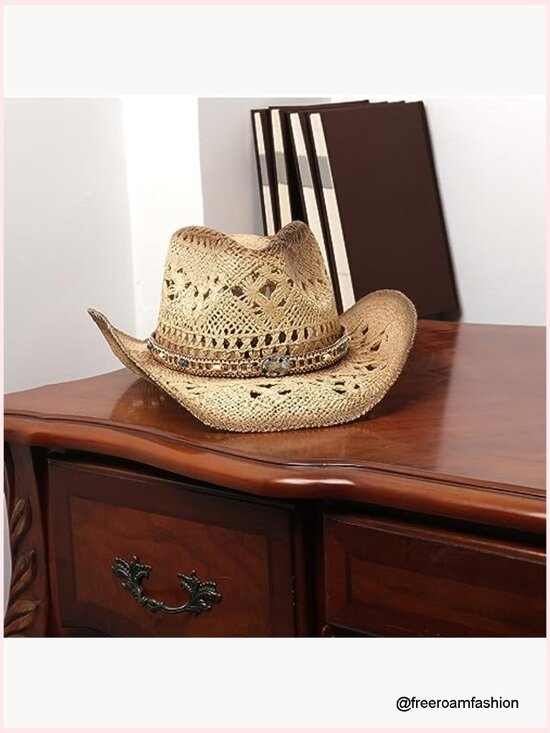 Straw Cowboy Hat with Two Removable Bands Western Cowgirl Sun Hat main image 6